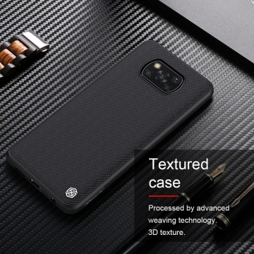 Текстурированный чехол-накладка Nillkin для смартфона Xiaomi Poco X3, textured case, противоударный бампер, рифлёный пластик с нейлоновым волокном, рама из термополиуретана, логотип Nillkin, двойное отверстие для крепления ремешка, чёрный, Киев