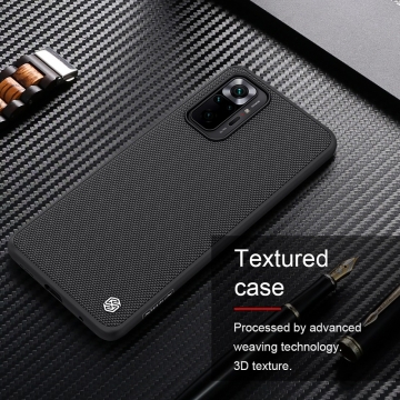 Текстурированный чехол-накладка Nillkin для смартфона Xiaomi Redmi Note 10 Pro / Xiaomi Redmi Note 10 Pro Max, textured case, противоударный бампер, рифлёный пластик с нейлоновым волокном, рама из термополиуретана, логотип Nillkin, двойное отверстие для крепления ремешка, чёрный, Киев