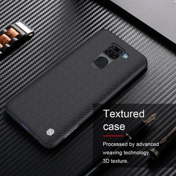 Текстурированный чехол-накладка Nillkin для смартфона Xiaomi Redmi Note 9 / Xiaomi Redmi 10X 4G, textured case, противоударный бампер, рифлёный пластик с нейлоновым волокном, рама из термополиуретана, логотип Nillkin, двойное отверстие для крепления ремешка, чёрный, Киев