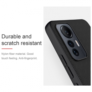 Текстурированный чехол-накладка Nillkin для смартфона Xiaomi 12 Lite, textured case, противоударный бампер, рифлёный пластик с нейлоновым волокном, рама из термополиуретана, логотип Nillkin, двойное отверстие для крепления ремешка, чёрный, Киев, Київ