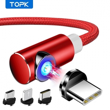 Угловой магнитный кабель TOPK (USB – USB Type-C), луженая медь, термопластичный эластомер, нейлоновая оплётка, разъёмы из алюминиевого сплава, сменные магнитные коннекторы MicroUSB, USB Type-C, Lightning (в комплекте коннектор USB Type-C), коннектор соединяется с кабелем под углом 90° и вращается на 360°, противопылевая заглушка, смарт-чип для безопасной зарядки, световой LED индикатор, длина 1 м, красный, Киев