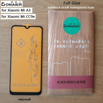 Защитное стекло Bonaier (3D Full Glue) для смартфона Xiaomi Mi A3 / Xiaomi Mi CC9e (простая упаковка), бронированное стекло, клеится к экрану смартфона всей поверхностью, 9H, не влияет на чувствительность сенсора, не искажает цвета, антибликовое покрытие, олеофобное покрытие, стекло с закруглёнными краями 2.5D, 2,5D, 3D, 5D, 6D, прозрачное с чёрной или белой рамкой, набор для подклеивания краёв защитного стекла, Киев