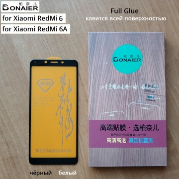 Защитное стекло Bonaier (3D Full Glue) для смартфона Xiaomi Redmi 6 / Xiaomi Redmi 6A, бронированное стекло, клеится к экрану смартфона всей поверхностью, 9H, не влияет на чувствительность сенсора, не искажает цвета, антибликовое покрытие, олеофобное покрытие, стекло с закруглёнными краями 2.5D, 2,5D, 3D, 5D, 6D, прозрачное с чёрной или белой рамкой, набор для подклеивания краёв защитного стекла, liquid, Киев