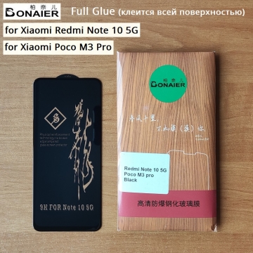 Защитное стекло Bonaier (3D Full Glue) для смартфона Xiaomi Redmi Note 10 5G / Xiaomi Poco M3 Pro, бронированное стекло, клеится к экрану смартфона всей поверхностью, 9H, не влияет на чувствительность сенсора, не искажает цвета, антибликовое покрытие, олеофобное покрытие, стекло с закруглёнными краями 2.5D, 2,5D, 3D, 5D, 6D, прозрачное с чёрной или белой рамкой, набор для подклеивания краёв защитного стекла, Киев
