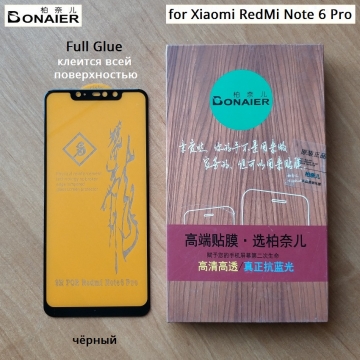 Защитное стекло Bonaier (3D Full Glue) для смартфона Xiaomi RedMi Note 6 Pro, бронированное стекло, клеится к экрану смартфона всей поверхностью, 9H, не влияет на чувствительность сенсора, не искажает цвета, антибликовое покрытие, олеофобное покрытие, стекло с закруглёнными краями 2.5D, 2,5D, 3D, 5D, 6D, прозрачное с чёрной или белой рамкой, набор для подклеивания краёв защитного стекла, Киев