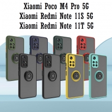Чехол-накладка с контрастными кнопками и магнитным кольцом для Xiaomi Poco M4 Pro 5G / Xiaomi Redmi Note 11S 5G / Xiaomi Redmi Note 11T 5G, полупрозрачный поликарбонат + рама из термополиуретана, накладка на кнопки регулировки громкости, накладка для защиты блока камер, несъёмное кольцо для пальца, которое также можно использовать как подставку при просмотре видео, в кольцо встроен металлический сердечник, который крепится к автомобильным магнитным держателям, Киев