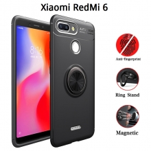 Чехол-накладка с магнитным кольцом для смартфона Xiaomi Redmi 6, противоударный бампер, термополиуретан (TPU), накладки на кнопки регулировки громкости и включения / выключения, несъёмное кольцо для пальца, которое также можно использовать как подставку при просмотре видео, угол поворота кольца 360 градусов, угол наклона кольца 150 градусов, металлический сердечник крепится к автомобильным магнитным держателям, чёрный, синий, красный, розовый, Киев