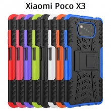 Чехол-накладка с подставкой для смартфона Xiaomi Poco X3, бронированный противоударный бампер, поликарбонат + термополиуретан, сочетание жёсткости с гибкостью, в чехол встроена подставка для просмотра видео, чёрный + чёрный, чёрный + красный, чёрный + оранжевый, чёрный +розовый, чёрный + синий, чёрный + фиолетовый, чёрный + зелёный, чёрный + белый, Киев