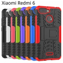 Чехол-накладка с подставкой для смартфона Xiaomi Redmi 6, бронированный бампер, поликарбонат + термополиуретан, сочетание жёсткости с гибкостью, в чехол встроена подставка для просмотра видео, чёрный + чёрный, чёрный + красный, чёрный + оранжевый, чёрный +розовый, чёрный + синий, чёрный + фиолетовый, чёрный + зелёный, чёрный + белый, Киев