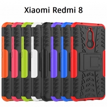 Чехол-накладка с подставкой для смартфона Xiaomi Redmi 8, бронированный бампер, поликарбонат + термополиуретан, сочетание жёсткости с гибкостью, в чехол встроена подставка для просмотра видео, чёрный + чёрный, чёрный + красный, чёрный + оранжевый, чёрный +розовый, чёрный + синий, чёрный + фиолетовый, чёрный + зелёный, чёрный + белый, Киев