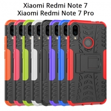 Чехол-накладка с подставкой для смартфона Xiaomi Redmi Note 7 / Redmi Note 7 Pro, бронированный бампер, поликарбонат + термополиуретан, сочетание жёсткости с гибкостью, в чехол встроена подставка для просмотра видео, чёрный + чёрный, чёрный + красный, чёрный + оранжевый, чёрный +розовый, чёрный + синий, чёрный + фиолетовый, чёрный + зелёный, чёрный + белый, Киев