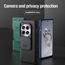 Чехол с защитной шторкой для камеры Nillkin CamShield Pro для смартфона OnePlus 12, задняя панель из поликарбоната + рама из термополиуретана, дополнительная защита углов смартфона «воздушными подушками», шторка-слайдер для защиты камеры от механических воздействий, накладки на кнопки регулировки громкости, чёрный, синий, зелёный, Киев, Київ