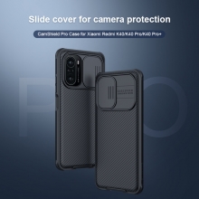 Чехол с защитной шторкой для камеры Nillkin CamShield Pro для смартфона Xiaomi Poco F3 / Xiaomi Redmi K40 / Xiaomi Redmi K40 Pro / Xiaomi Mi 11i, задняя панель из поликарбоната + рама из термополиуретана, дополнительная защита углов смартфона «воздушными подушками», шторка-слайдер для защиты камеры от механических воздействий, накладки на кнопки регулировки громкости, чёрный, синий, зелёный, Киев, Київ