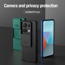 Чехол с защитной шторкой для камеры Nillkin CamShield Pro для смартфона Xiaomi Redmi Note 13 Pro 5G / Xiaomi Poco X6, задняя панель из поликарбоната + рама из термополиуретана, дополнительная защита углов смартфона «воздушными подушками», шторка-слайдер для защиты камеры от механических воздействий, накладки на кнопки регулировки громкости, чёрный, синий, зелёный, Киев, Київ