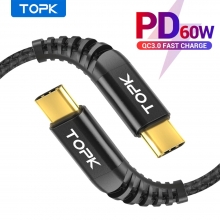 Кабель TOPK 60 Вт (USB Type-C – USB Type-C, луженая медь, термопластичный эластомер и нейлоновая оплётка, разъёмы из алюминиевого сплава, быстрая зарядка Qualcomm Quick Charge 4.0, USB Power Delivery до 60 Вт, скорость передачи данных до 480 Мб/с, Киев