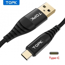 Кабель TOPK (USB – USB Type-C) для зарядки и передачи данных, луженая медь, термопластичный эластомер и нейлоновая оплётка, разъёмы из алюминиевого сплава, поддерживает быструю зарядку Qualcomm Quick Charge 3.0 (для устройств с функцией быстрой зарядки), встроенный смарт-чип, длина 0,5 м, чёрный, красный, синий, фабричная упаковка, Киев