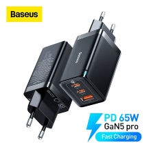Мережевий зарядний пристрій Baseus GaN 5 Pro Quick Charger 65 Вт (USB Type-C + USB Type-C + USB) + кабель 100 Вт, для зарядки ноутбуків, CCGAN65E5, поддержка одновременной зарядки трёх устройств, Qualcomm Quick Charge 4+, Quick Charge 3.0, USB Power Delivery 3.0, PPS, SCP, FCP, AFC, APPLE 2.4A, PE+, смарт-чип Baseus Power Split II, охлаждение Baseus Cooling Technology, 6-уровневая защита, кабель Baseus 100 Вт, Київ, Киев