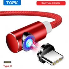 Угловой магнитный кабель TOPK (USB – USB Type-C), луженая медь, термопластичный эластомер, нейлоновая оплётка, разъёмы из алюминиевого сплава, сменные магнитные коннекторы MicroUSB, USB Type-C, Lightning (в комплекте коннектор USB Type-C), коннектор соединяется с кабелем под углом 90° и вращается на 360°, противопылевая заглушка, смарт-чип для безопасной зарядки, световой LED индикатор, длина 1 м, красный, Киев