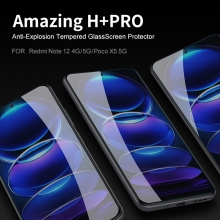 Захисне скло Nillkin H+Pro для смартфона Xiaomi Redmi Note 12 4G / Xiaomi Redmi Note 12 5G / Xiaomi Poco X5 5G, товщина 0,2 мм, показник за мінералогічною шкалою твердості шкала Мооса 9H, в 4 рази більш стійке до подряпин, ніж звичайна захисна плівка, не впливає на чутливість сенсора, не спотворює кольори, антивідблискове покриття, олеофобне покриття, скло із закругленими краями (2.5D), в комплекті є набір ганчірок і протипилових стікерів, Київ, Киев