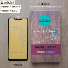 Защитное стекло Bonaier (3D Full Glue) для смартфона Huawei P Smart+ / Huawei Nova 3i, бронированное стекло, клеится к экрану смартфона всей поверхностью, 9H, не влияет на чувствительность сенсора, не искажает цвета, антибликовое покрытие, олеофобное покрытие, стекло с закруглёнными краями 2.5D, 2,5D, 3D, 5D, 6D, прозрачное с чёрной или белой рамкой, набор для подклеивания краёв защитного стекла, liquid, Киев